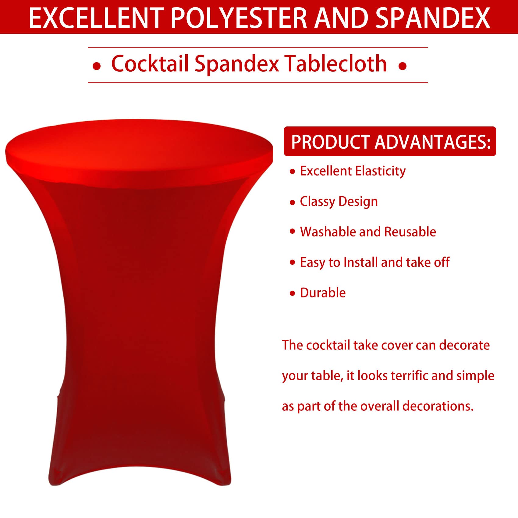 JALANCY 6 Pack Cocktail Spandex Tablecloth 32"x43" Red Stretch Square Corners Cocktail Table Cover Fitted High Top Round Table for Bar Wedding Birthday Party Banquet