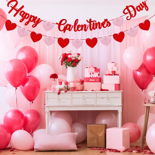 Happy Galentines Day Banner with Red Glitter and Pink Heart Garland Romantic Valentine's Decorations for Indoor and Outdoor Use Create Festive Atmosphere Love Theme