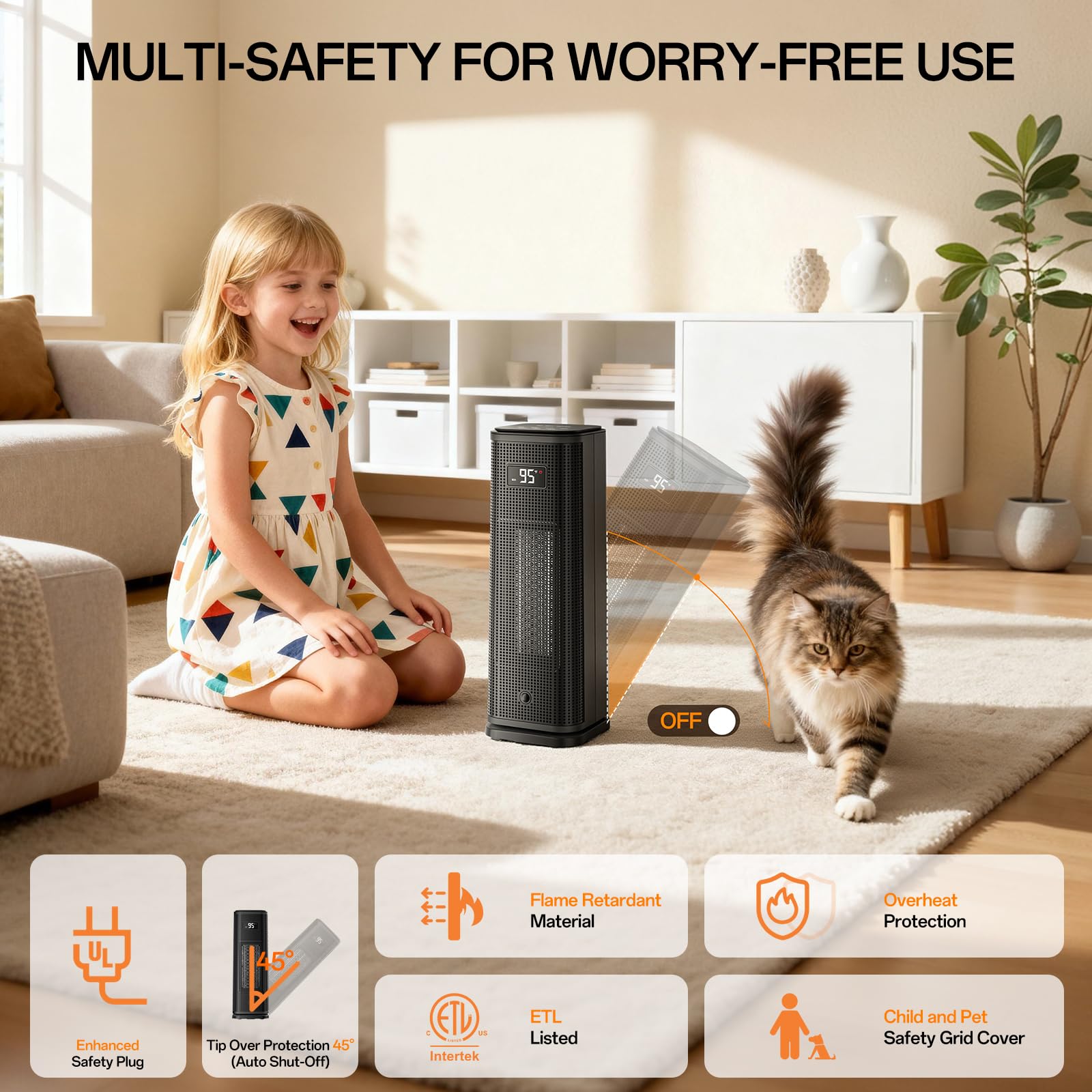 Space Heater, Portable Electric Heaters for Indoor Use with Adjustable Thermostat and Remote, 45° Oscillation, 1-12h Timer, 4 Modes, 1500W PTC Ceramic,Black