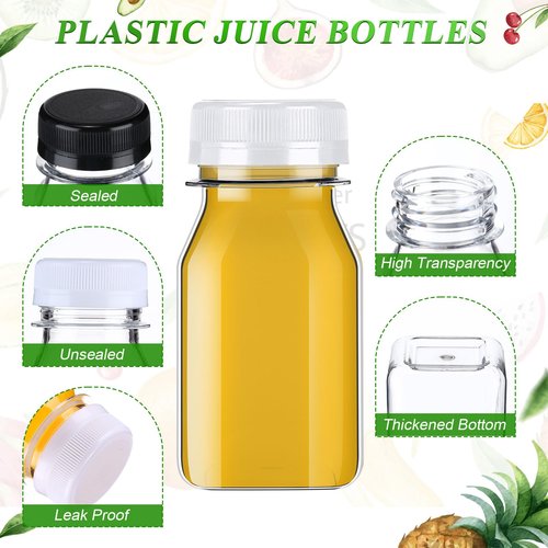 Xinnun 200 Pcs Plastic Juice Bottles with Caps Square Empty Clear Water Bottles Bulk Drinking Beverage Containers Reusable Empty Juicing Refillable PET Flasks with Lids for Drinks Smoothie(4oz,White)