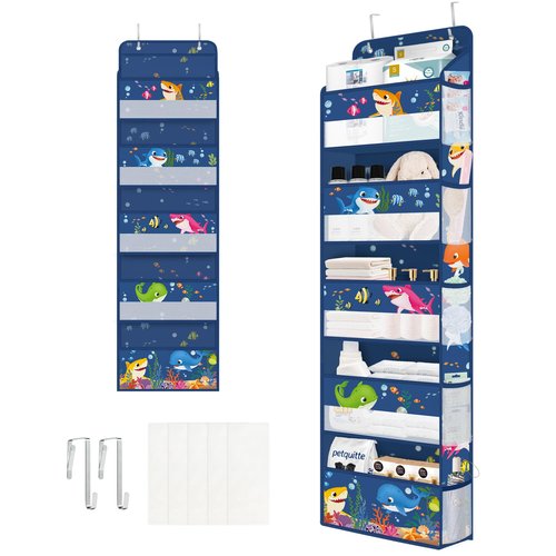 Clastyle Ocean Animals Over the Door Organizer Fish Nursery Hanging Storage Organizer for Kids Clothes Diaper Toy Closet Door Hanging Shelf Storage for Bedroom Bathroom Pantry, Shark, 5-Tier