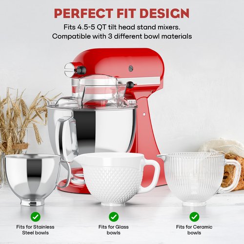 GVODE Pouring Shield for KitchenAid Mixer, Compatible with KitchenAid 4.5-5 QT Tilt-Head Stand Mixers, Detachable Body with Flip-top Feed-inlet Lid, Fits Stainless-Steel, Glass, and Ceramic Bowls.