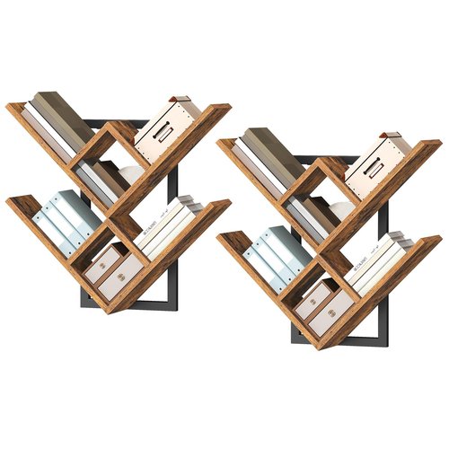 HOOBRO Floating Shelves for Wall, Set of 2 Wall Mounted Shelves, 2-Tier Wooden Tree Bookshelf, Hanging Shelves Storage Rack, for Living Room, Kitchen, Office, Rustic Brown and Black BF54BJP201