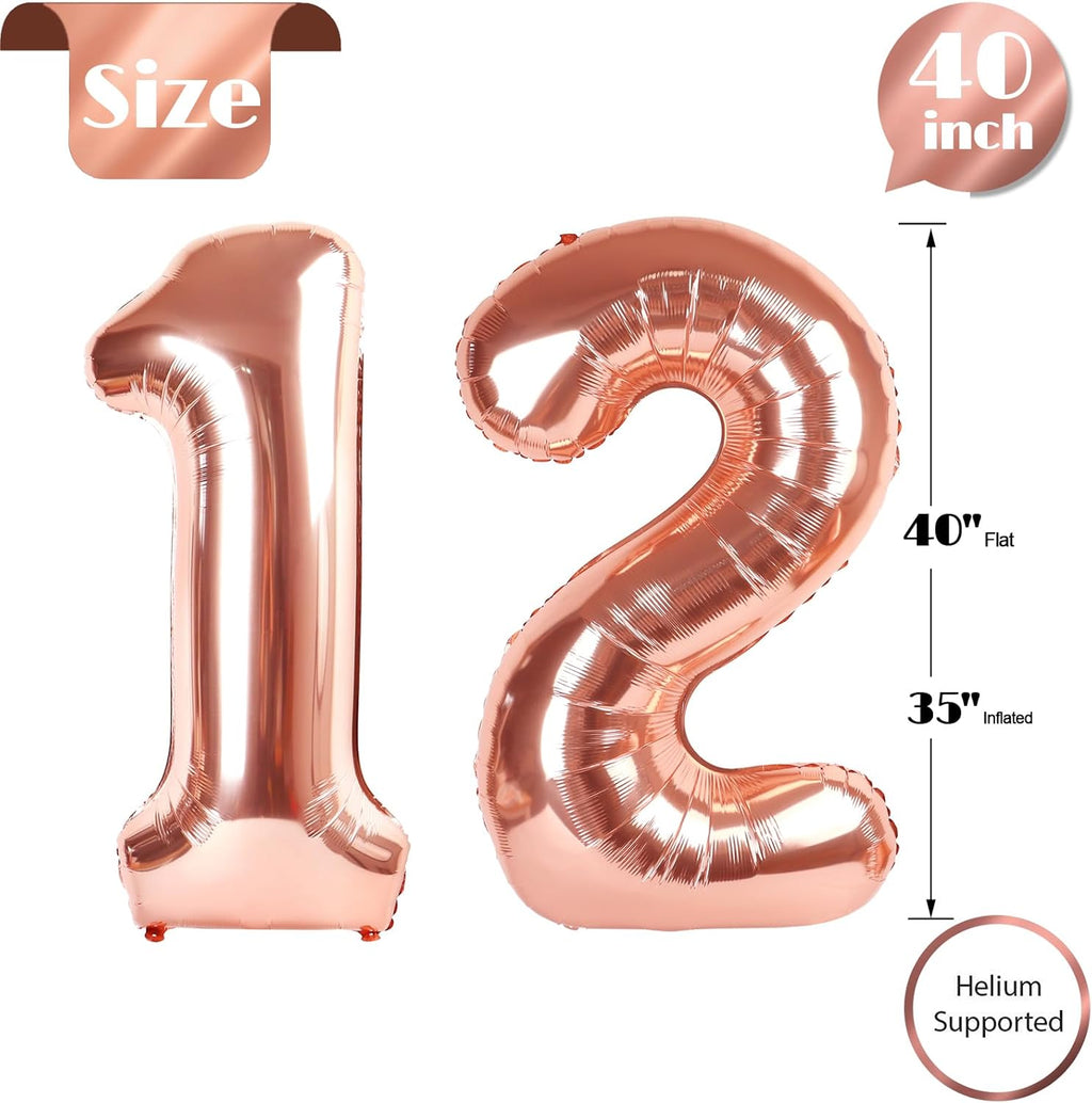 Rose Gold Number 12 Balloon - 40 Inch 12th Birthday Decoration for Girls & Boys