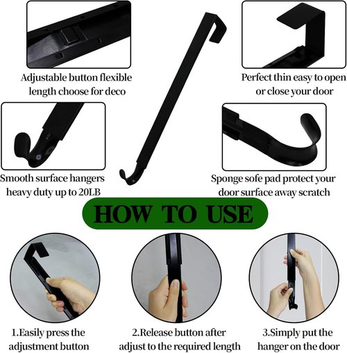 Pseutio Wreath Hanger for Front Door, Adjustable 15 to 25 Inches Wreath Hangers, 20 lbs Larger Door Upgrade Wreath Hanger, Christmas (Black)