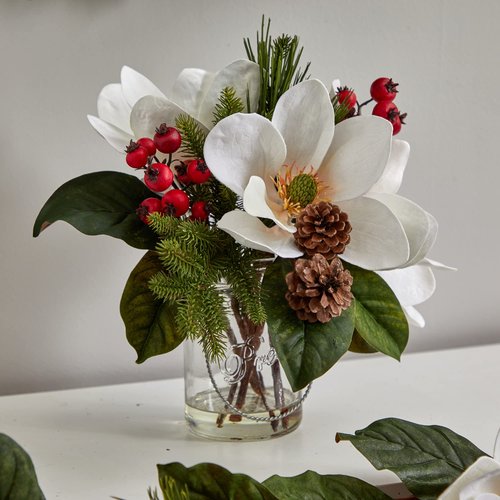 Nearly Natural Magnolia, Pine, and Berry Holiday Arrangement in Glass Vase