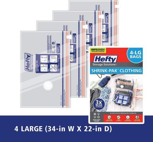 Hefty Shrink-Pak Vacuum Storage Bags - 4 Large Space Saver Bags for Clothes, Pillows & Blankets