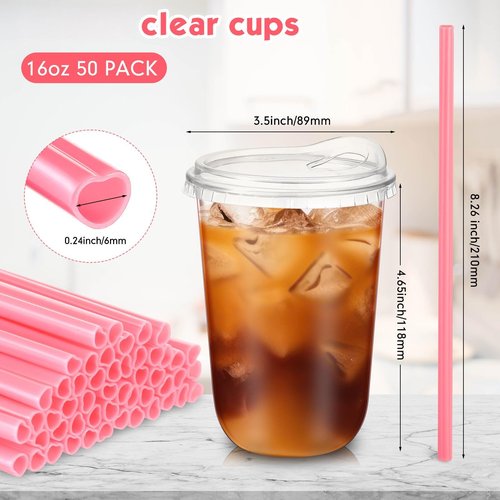 Ziliny 50 Sets Clear Plastic Cups with Heart Shaped Pink Straws and Strawless Lids Disposable Round Bottom PET Cups for Iced Coffee Cold Beverage Party Wedding Bridal Shower (Clear,16 oz)