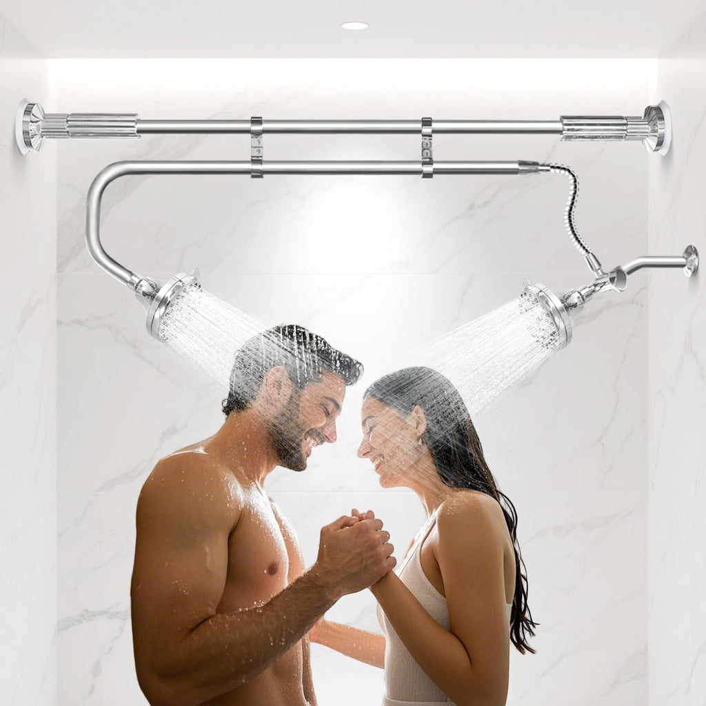 OURBAOFU Tandem Shower Heads, Double Shower Head for Couples, Dual Shower Head System for Two People, High Pressure and Adjustable Double Shower Heads (Silver)