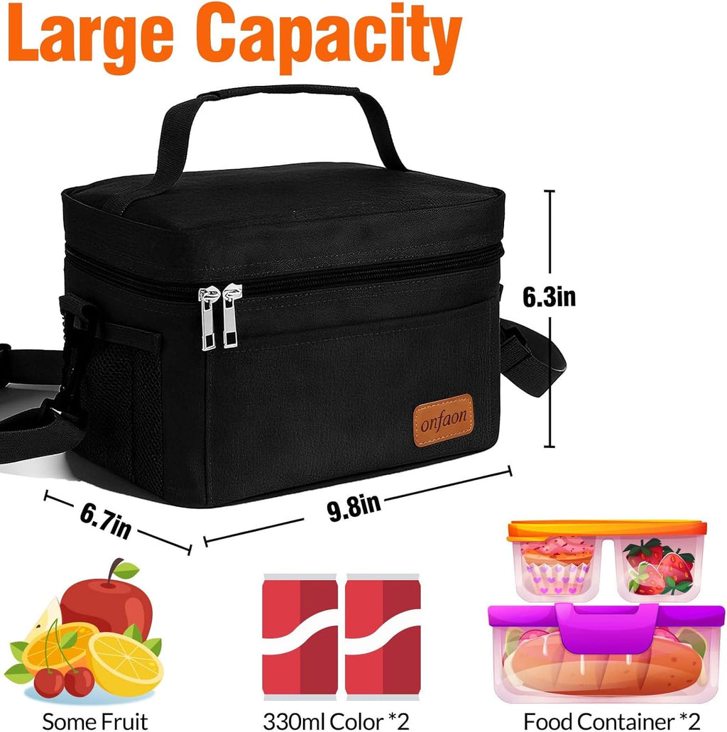 ONFAON Insulated Lunch Bag - Reusable Leakproof Cooler Tote with Adjustable Strap | Black