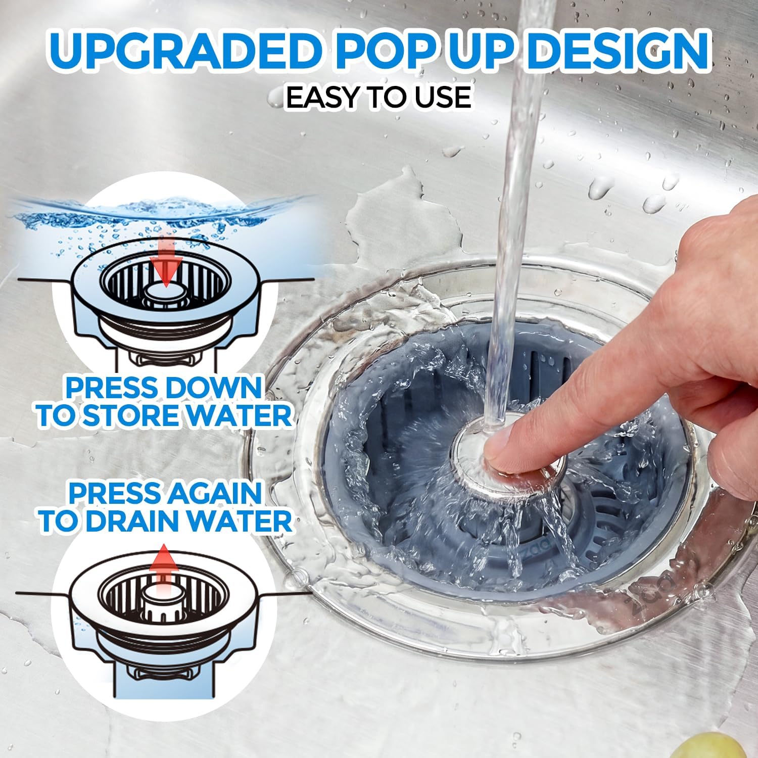 Regine Switzerland Sink Drain Strainer - 3-in-1 Anti-Clogging Kitchen Stopper for 3.5'' Sink Hole | Silver