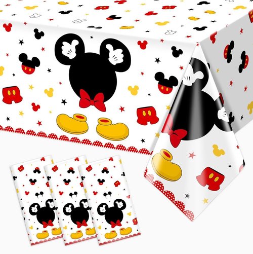 Tewess 3pcs Mouse Birthday Tablecloth Red Mouse Head Cartoon Plastic Table Cover Disposable Table Party Decoration for Boys
