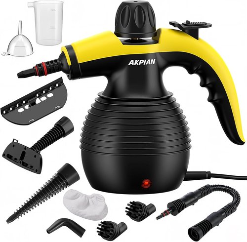 AKPIAN Handheld Steam Cleaner, 1050W Rapid-Heating Stainless Steel Boiler, Safety Locking Mechanism, Includes 10 Cleaning Tools, Deep Cleans Kitchens, Bathrooms, Cars, Windows, and More, Black