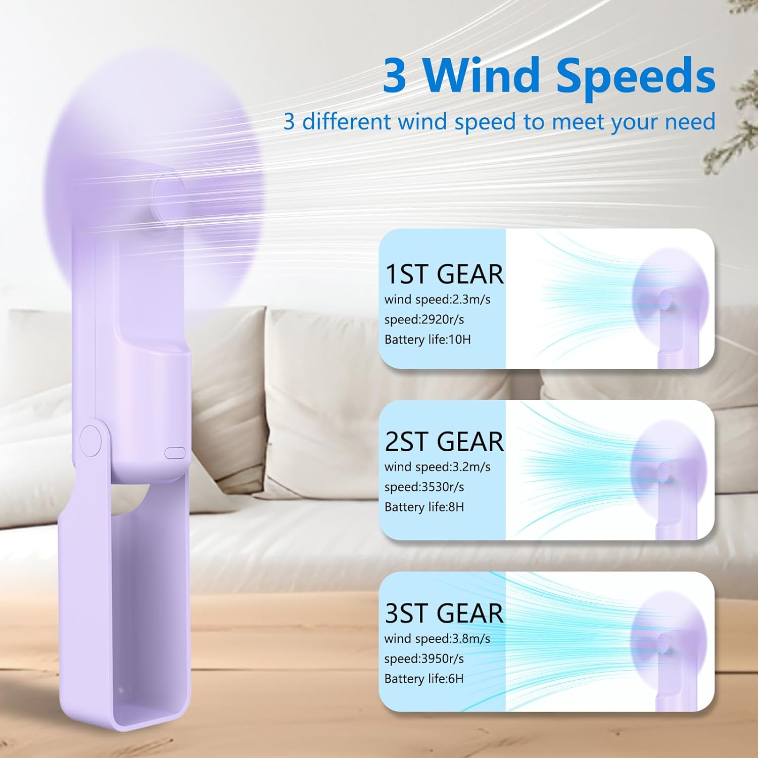 VanSmaGo Portable Handheld Fan - 3-in-1 USB-C Rechargeable Mini Fan with 10-Hour Battery Life | Purple, Pink & Green
