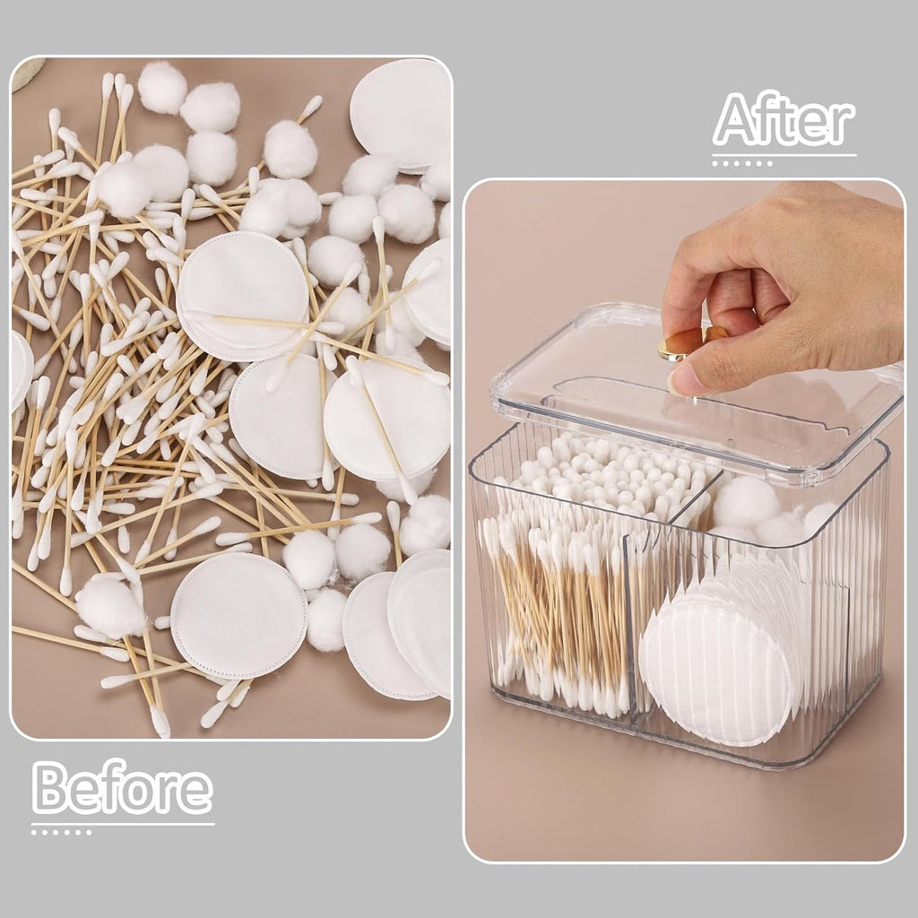 Tbestmax Qtip Holder Dispenser - Clear 3-Section Bathroom Organizer Jar for Cotton Swabs & Pads