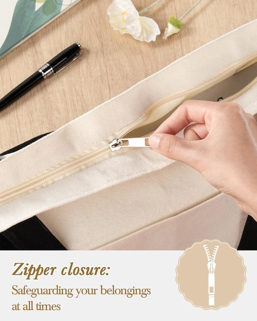 Lzerking 3 Pack Large Canvas Tote Bag with Zipper and External Pocket, Heavy Duty Reusable Grocery Bags for Beach, Travel, DIY, Wedding, Women, Gift (Natural Color)
