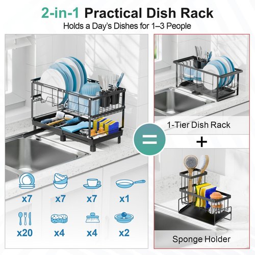 GSlife Large Dish Drying Rack - 2 Tier Dish Rack for Kitchen Counter, Expandable Capacity Dish Drainer Rack with Removable Cutlery Holder, 15.7''-20.7''L x 9.8" D x 13.4" H, Black
