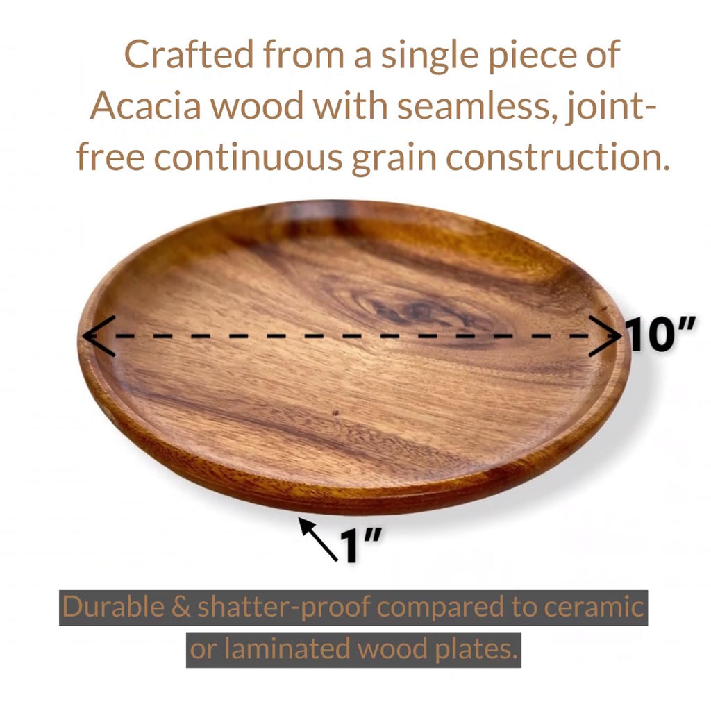 WRIGHTMART Set of 4 – 10 Inch Round Acacia Wood Dinner Plates – Solid Hardwood Wooden Plates for Steak, Pasta, Salad, BBQ, Charcuterie – Natural Wood Grain Dinnerware
