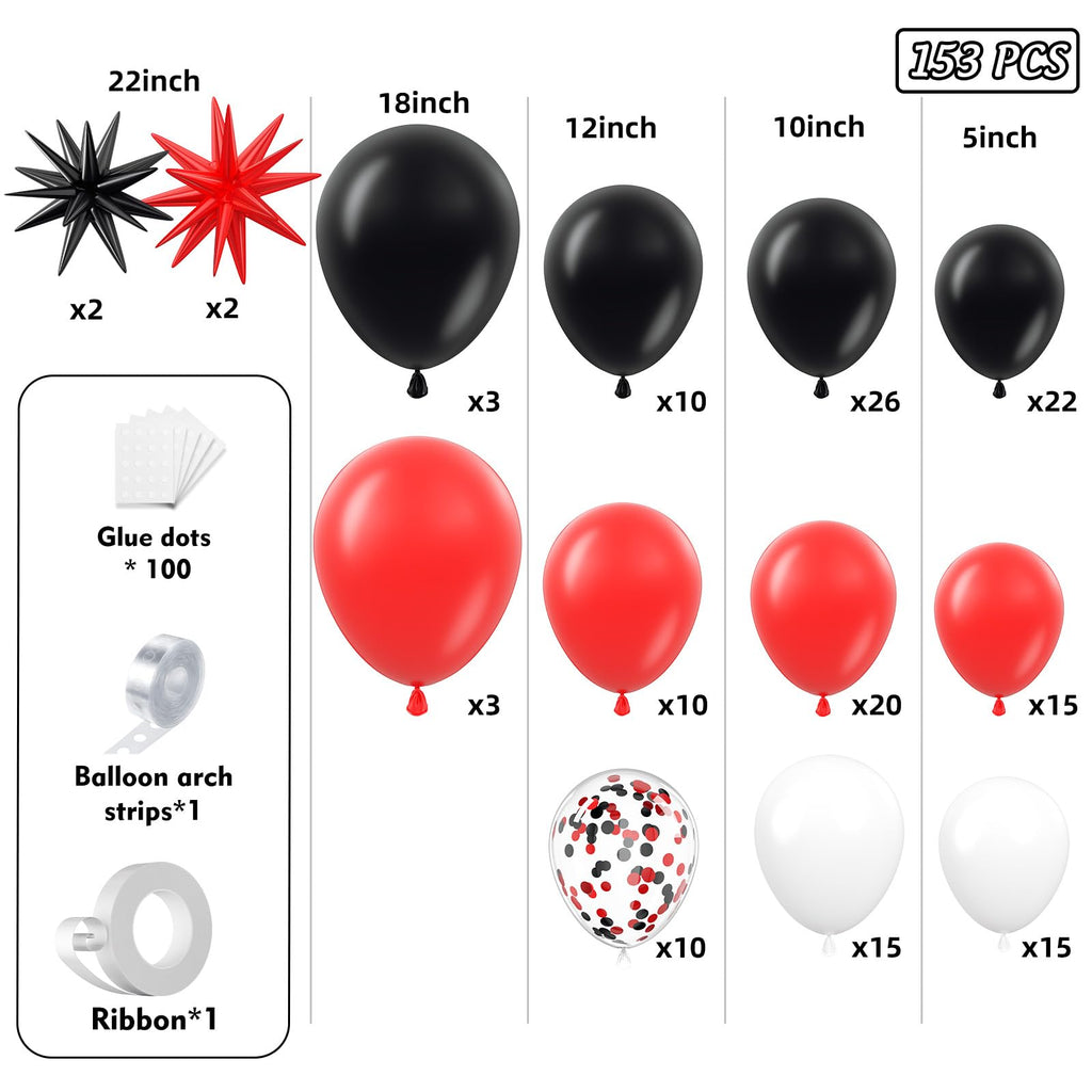 PTGOLUO Red and Black Balloon Arch Garland Kit 153pcs with Star, 22 18 12 10 5in Different Size Red and Black White Latex Balloons for Birthday Graduation Racing Car Poker Card Party Decoration