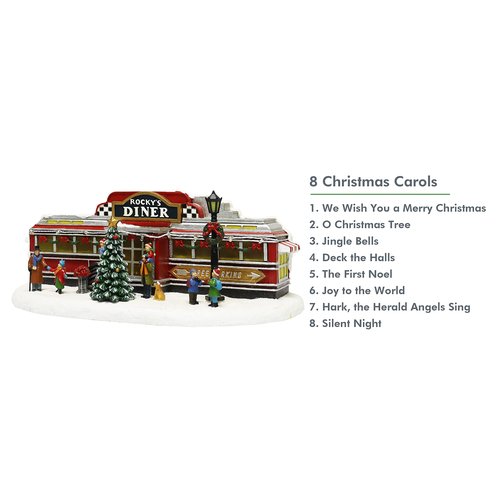 Christmas Village Building, Rocky's Diner, Retro 1950's Diner with LED Lights and Christmas Music - Battery Operated (not included) (optional 4.5V adapter not included) (5.8"H x 13.6"W x 7.1"D)