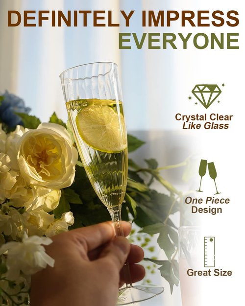 Walee Koky Clear Plastic Champagne Flutes, 96 PCS Disposable Reusable Cocktail Cups for Home Daily Life Party Birthday Wedding Toasting Drinking Champagne (6 oz)