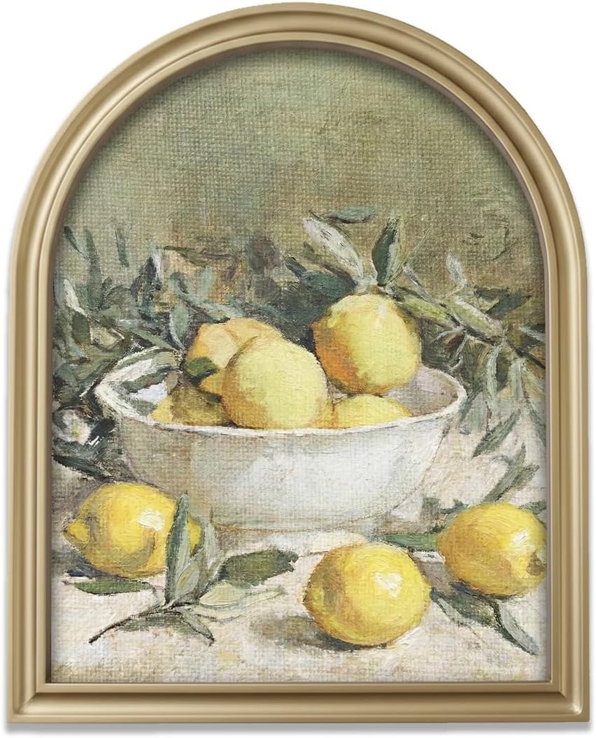 TwoDays Vintage Rustic Lemon Wall Art - Gold Arched Wood Frame Canvas Picture for Kitchen & Dining (11" x 13.8")