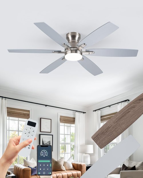Coolwind 52 Inch Silver Low Profile Ceiling Fan with Light, 6 Speeds 3 Color Temperatures Led Outdoor Ceiling Fans for Bedroom