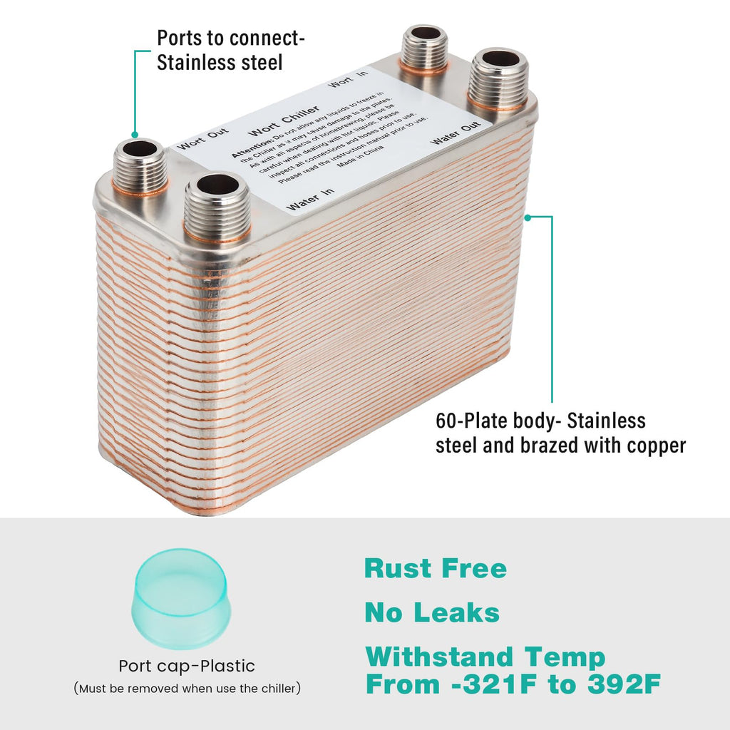 MRbrew Wort Chiller 60 Plates, Brazed Plate Copper Heat Exchanger for Homebrew, Stainless Steel 7.5" x 2.9" Plate,1/2 &3/4 NPT Thread Connection Hot Liquid Accelerated Cooler Quick Beer Cooling System