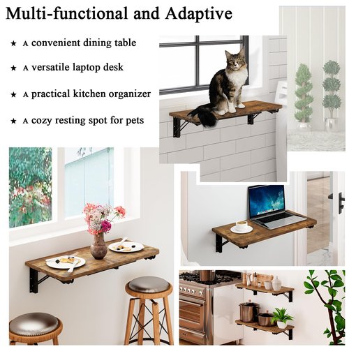 TEAMIX Wall Mounted Folding Table, Rustic Brown Floating Wall Desk for Small Spaces, Drop Leaf Dining Table for Kitchen Fold Down Laundry Shelf with Heavy-Duty Brackets