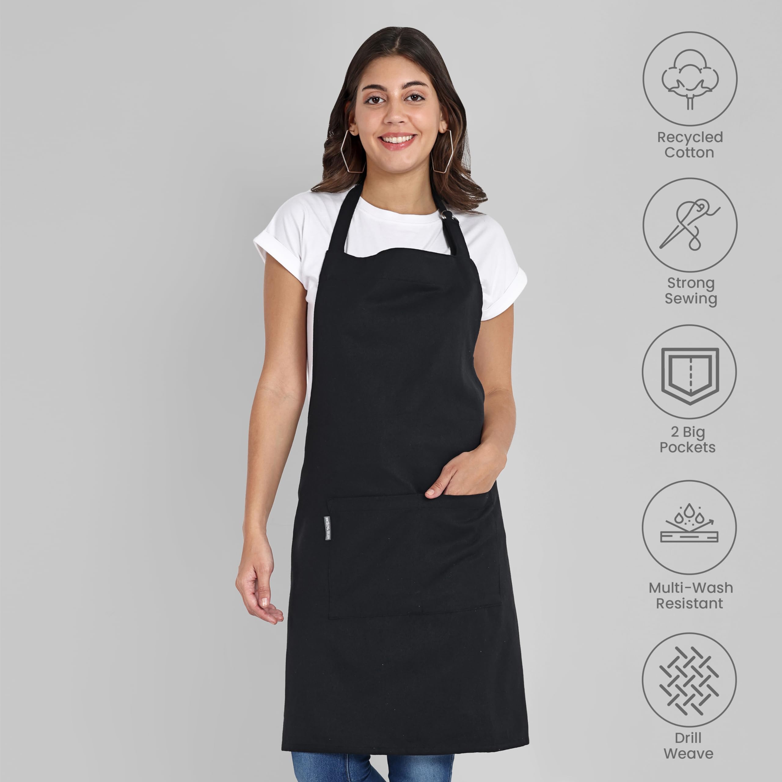 Mellow Buff Chef Aprons, Recycled Cotton Kitchen Apron with an Adjustable Neck with Long Ties, for cooking, baking (Denim Blue & Black)