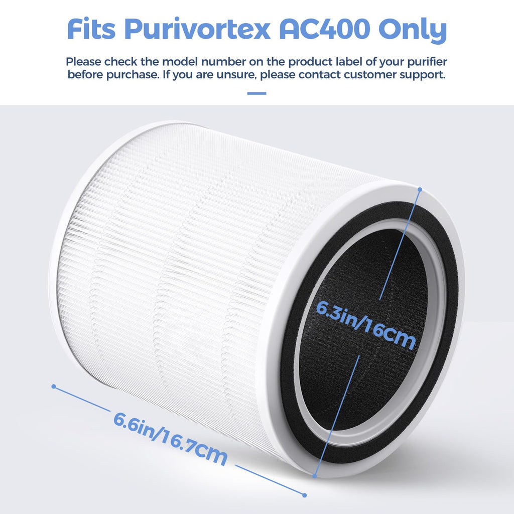 Purivortex AC400 Air Purifiers Multi-Effect HEPA Replacement Filter, 3-in-1 Filter, White