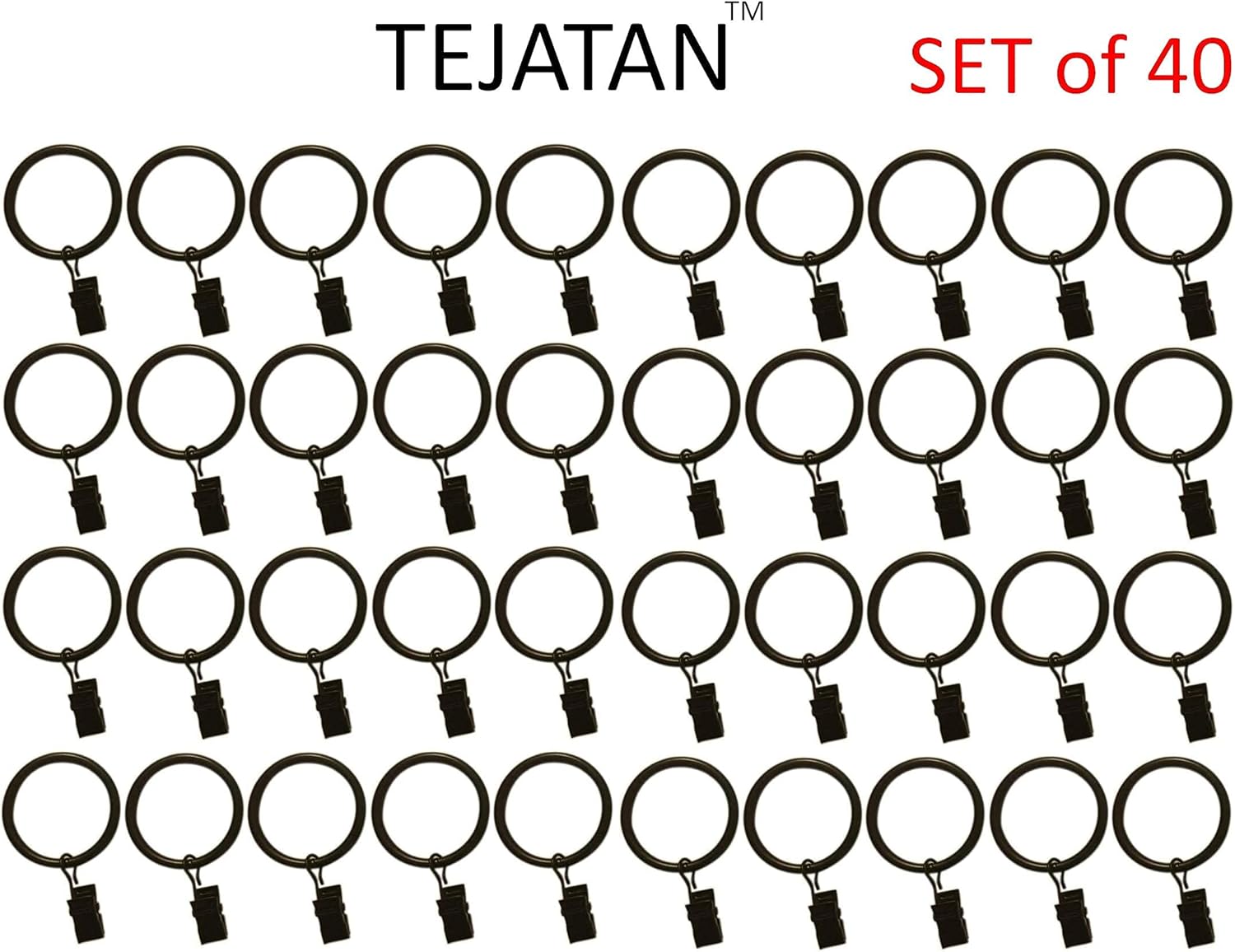 Skiennix Metal Curtain Rings - 1.5-Inch Set of 40 Black Clip Rings with Eyelets for Drapery