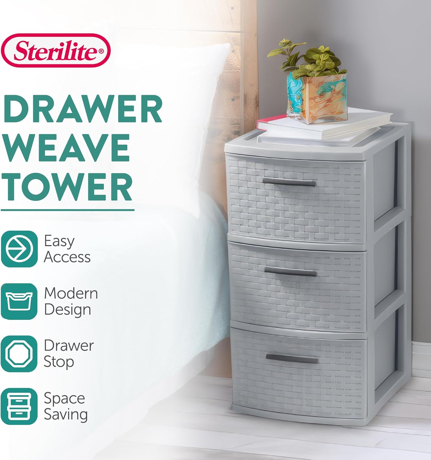 Sterilite 3 Drawer Storage Tower - Medium Plastic Weave Organizer in Cement | Lightweight for Bedrooms & Closets