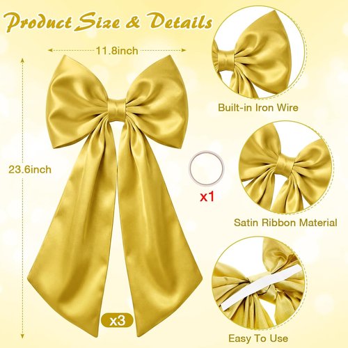 Gold Satin Bows by [Brand Name] - 3 Pcs 2 FT Large Decorative Wall Accents for Weddings & Parties