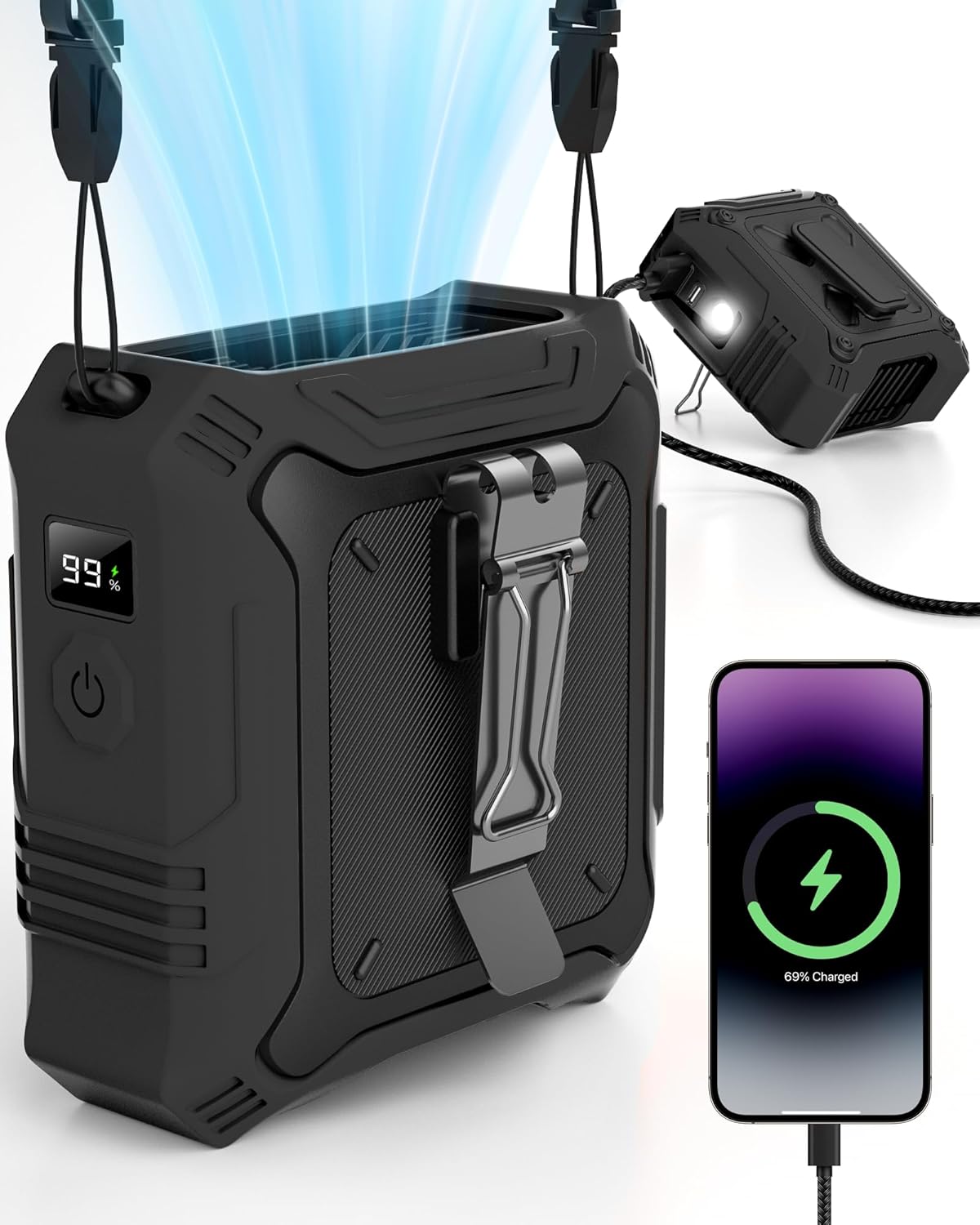 TUNISE Portable Fan - 5-Speed Dual-Sided Clip-On Waist Fan with 8000mAh Power Bank & Flashlight