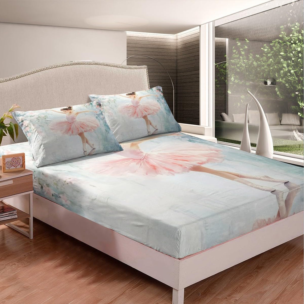 Erosebridal Pink Ballet Bedding Set - Cute Princess Fitted Sheet for Girls Kids Ballet Dancer, Rose Flower Print Bed Sheets Girly Dancing Love Gymnastics Bed Set Modern Trendy Pastel Sheets Twin