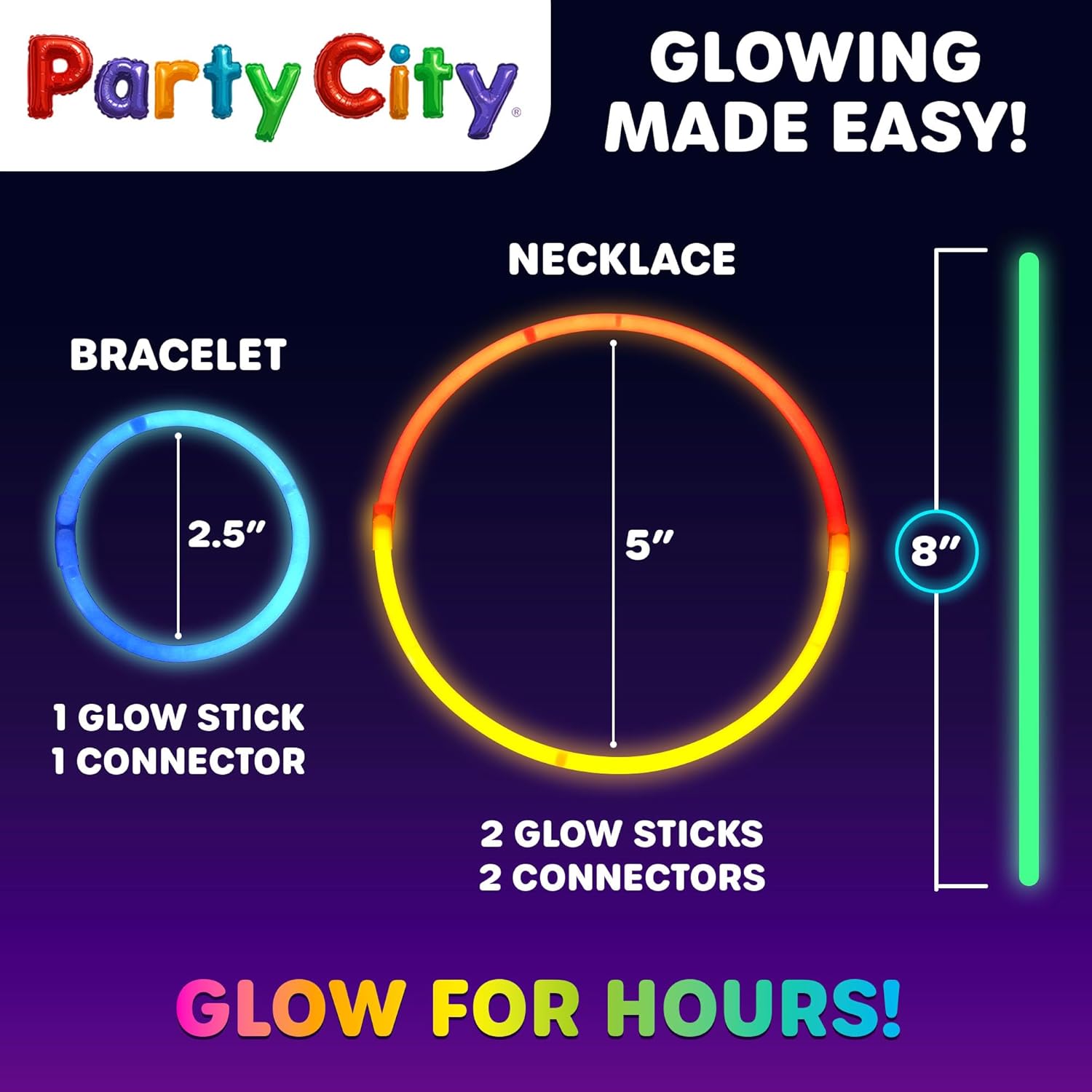 Party City Glow Sticks Bulk Pack - 100 Neon 8” Glow in the Dark Light-Up Favors for All Ages