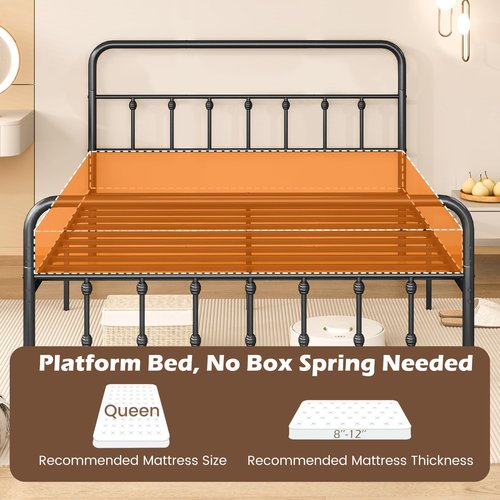 Giantex Metal Platform Bed Frame Queen Size, Victorian Style Queen Platform Bed with Headboard & Footboard, Heavy Duty Mattress Foundation, 1100 lbs Capacity, No Box Spring Needed, Noise-Free, Black