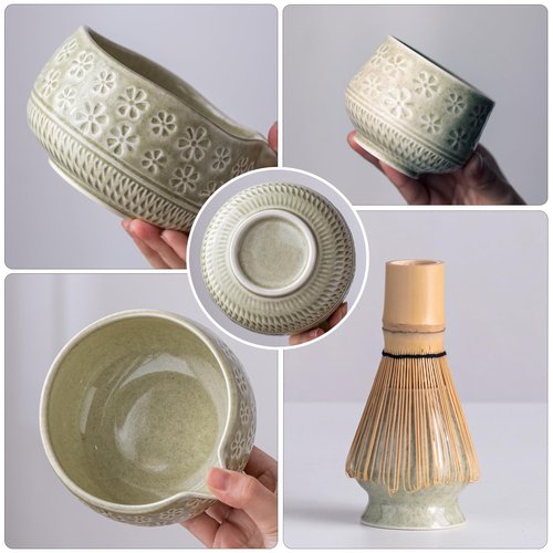 Buucup Matcha Whisk Set, 10 Pcs Matcha Set Includes Matcha Bowl, 2 Cups, Matcha Whisk and Holder, Bamboo Scoop and Spoon, Scoop Rest, Sifter and Tea Towel, Complete Matcha Kit (Mottled Green)