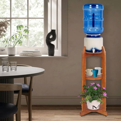 Natural Solid Wood Water Dispenser Stand (32.8"Hight-11.2"Wide) Ceramic Water Dispenser Floor Stand, 5 Gallon Water Jug Stand with 3 Round Shelfs Included for 1-5 Gallon Water Bottles/Crocks/Water Jug