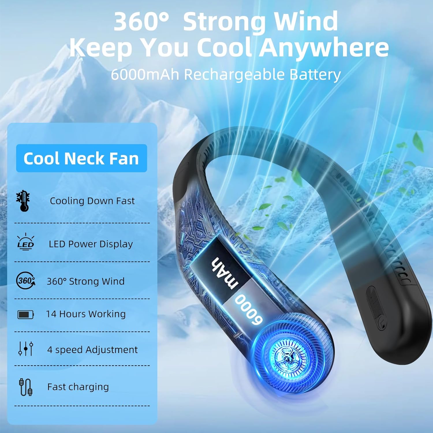 Skiennix Portable Neck Fan - Hands-Free Bladeless Design with 360° Cooling | USB Rechargeable, LED Display, 4 Speeds (Black)