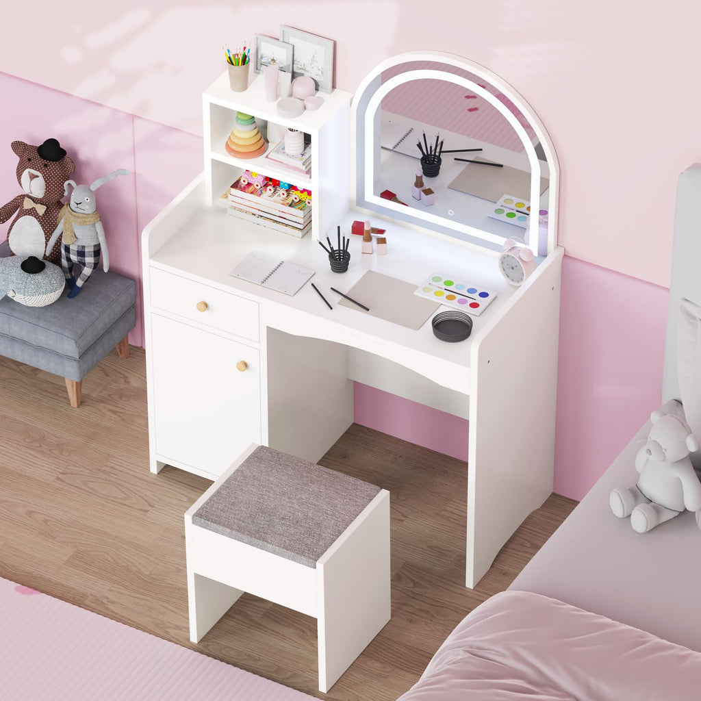 Zupemo Kids Vanity Table and Chair Set with Lighted Mirror, Toddler Vanity for Girls with Stool, Storage Shelves and Drawer, Little Girls Vanity Set with Mirror and Lights, White