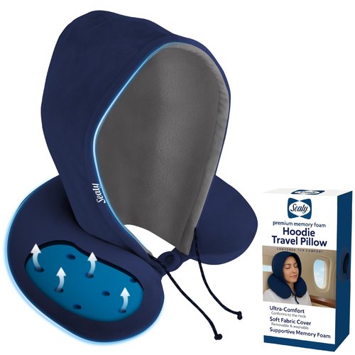 Sealy, Infused-Gel Hooded Travel Pillow with Airflow Memory Foam, Tailored Just for You with Contoured Support, The Ultimate Rest for Flights, Rides, and Your Home, Blocks Cold Drafts, Navy