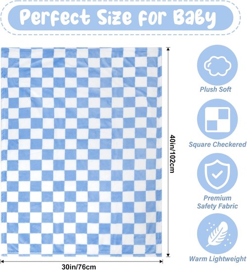 GreatBba Plush Checkered Baby Blanket - Soft Fleece for Infants | 30"x40" Blue & White Chenille