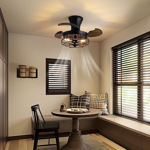 CROSSIO 22" Retractable Ceiling Fans with Lights, Black Caged Fandelier Ceiling Fans with Remote, 6 Wind Speeds,Invisible Blades, Industrial Flush Mount Small Ceiling Fan for Bedroom Living Room