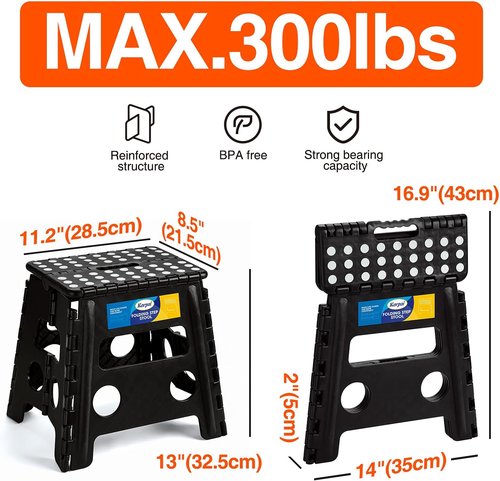 Korpai Folding Step Stool - 13 Inch Non-Slip Stool for Adults & Kids | Holds Up to 300 lbs - Black