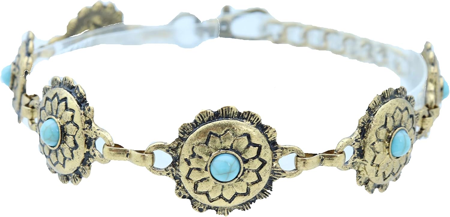 Skiennix Antique Metal Boot Chain Anklet - Western Fashion Jewelry with Turquoise Blue Beads