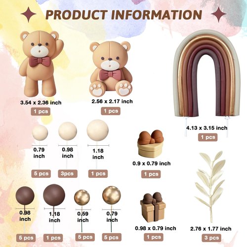 SONICEBUY 33Pcs Bear Cake Topper Boho Rainbow Cake Decorations with Beige Brown Bears Pearl Balls Rainbow Cake Pick for Boy Girl Baby Shower Gender Reveal Wedding Birthday Party Supplies