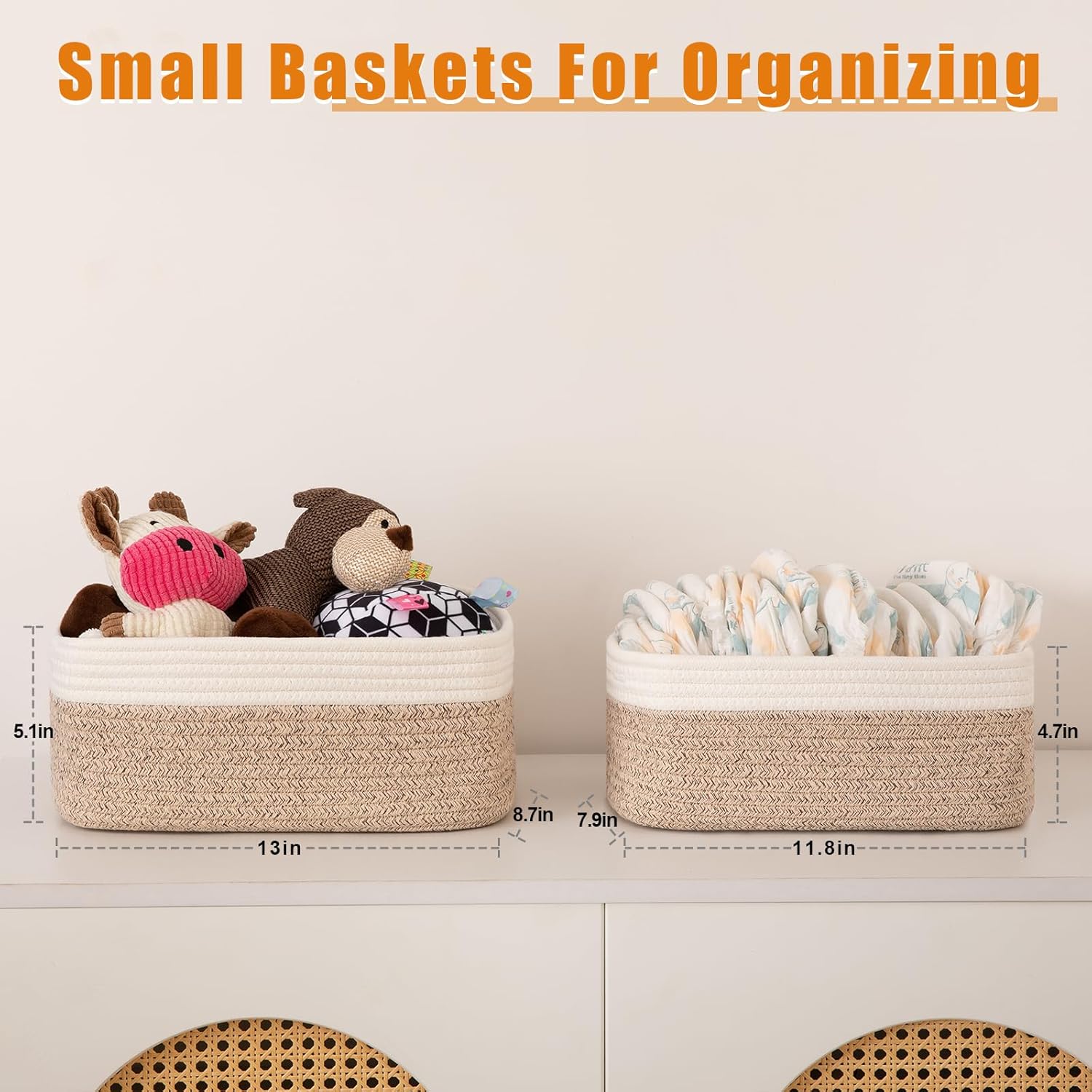 OIAHOMY Storage Baskets - Cute Decorative Organizing Bins for Shelves | 4 Pack, 11.8''L x 7.8''W x 4.7''H, Brown/White