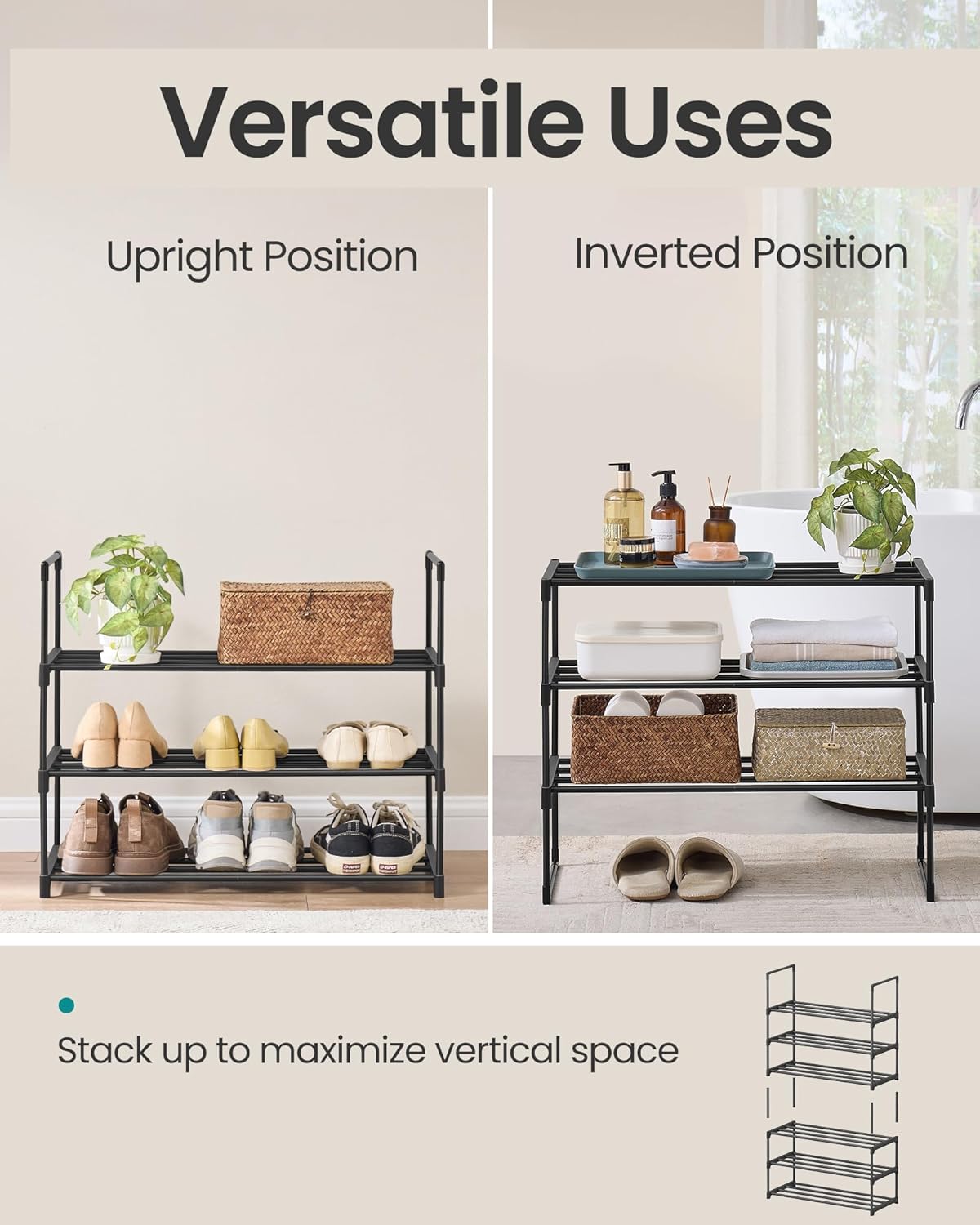 SONGMICS 3-Tier Shoe Rack - Stackable Metal Organizer for 8-12 Pairs | Black, 11.8 x 26.8 x 21.7 Inches